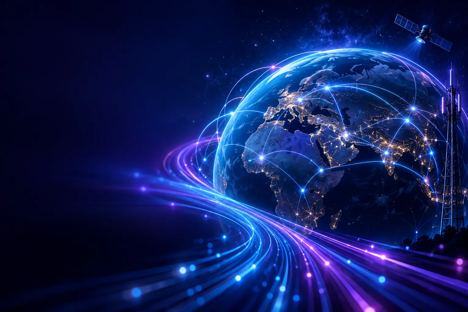 Globe with satellite and network connections glowing blue